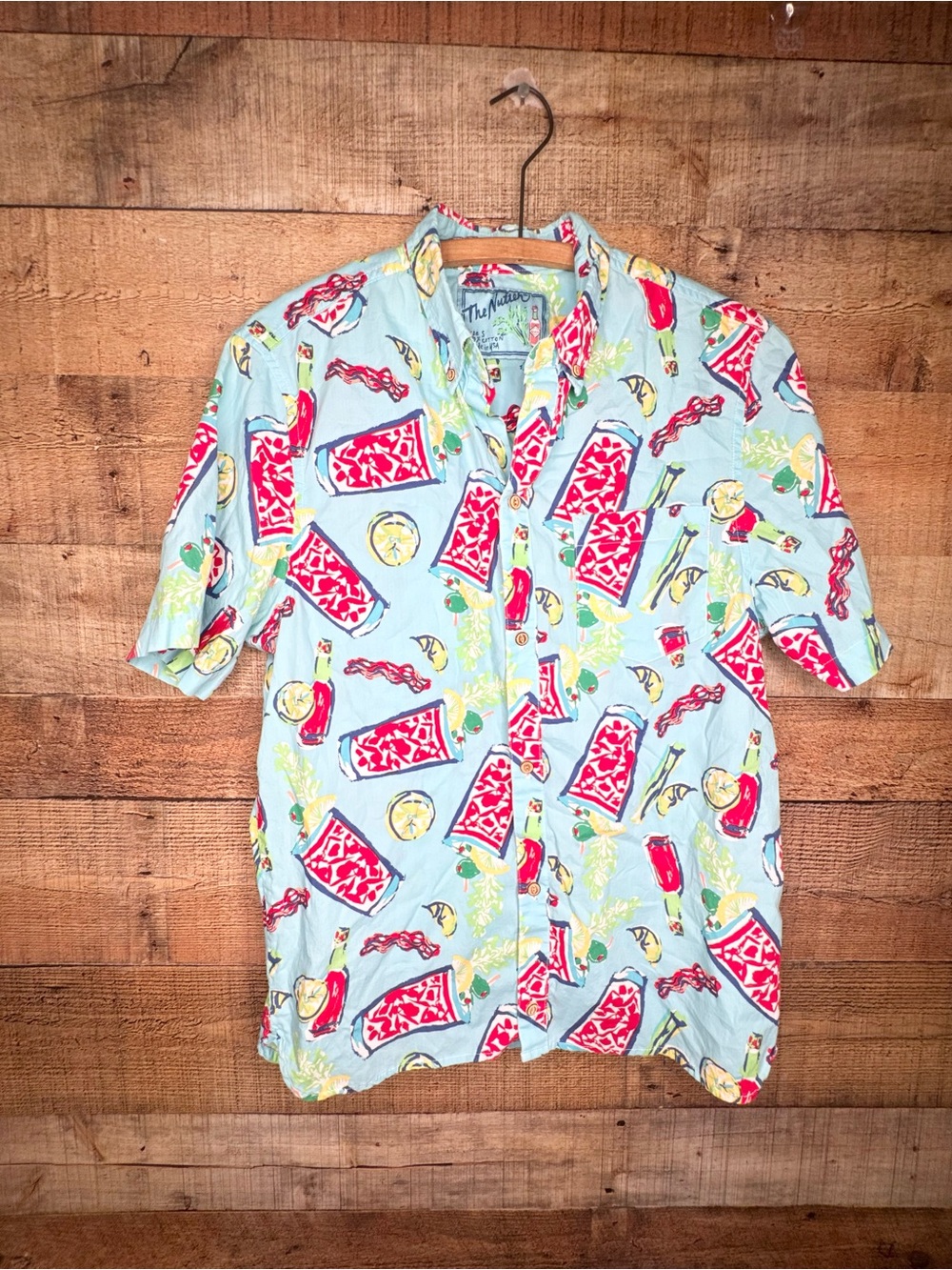 Men's Light Blue Tropical Drink Print Short Sleeve Button-Down Shirt